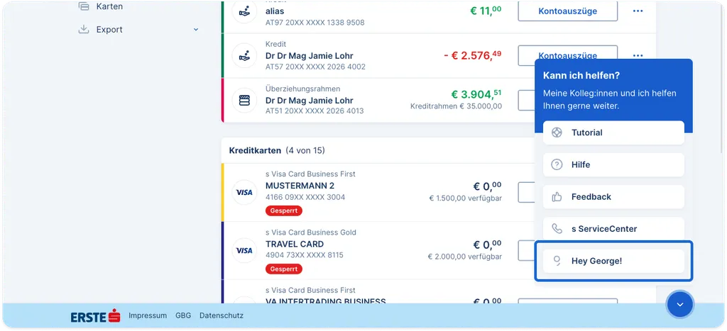 Der George Business Hile-Bereich mit der Option zu Hey George!