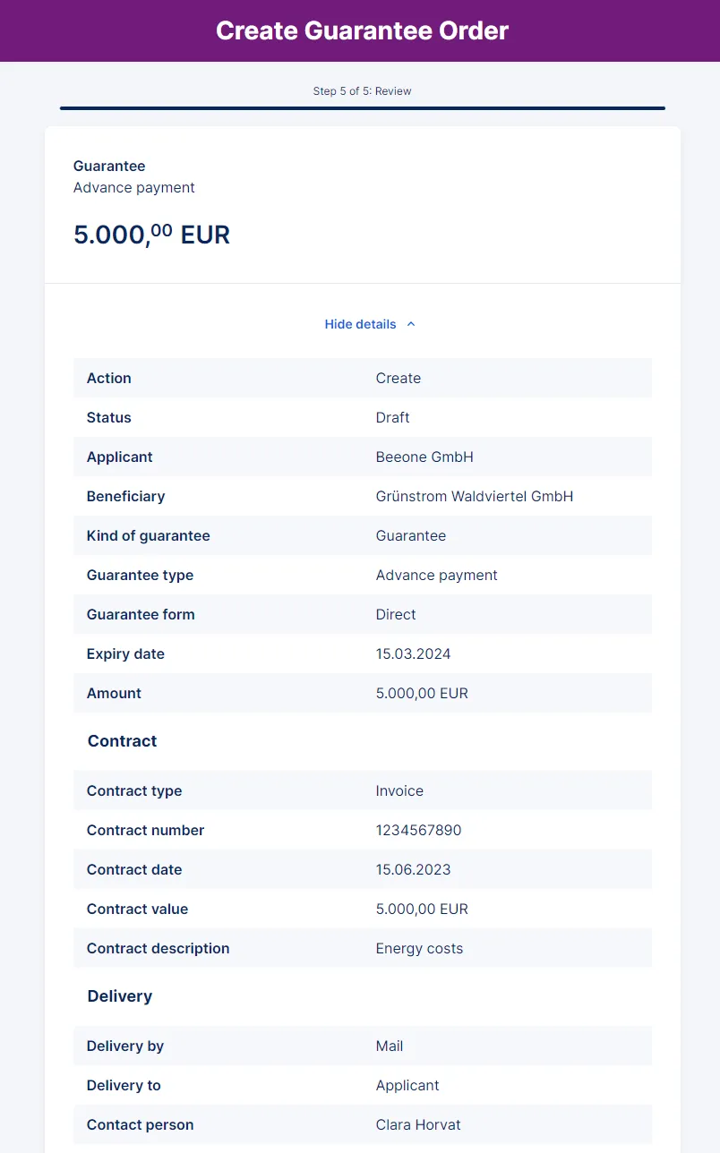 Step 5 to create a guarantee order