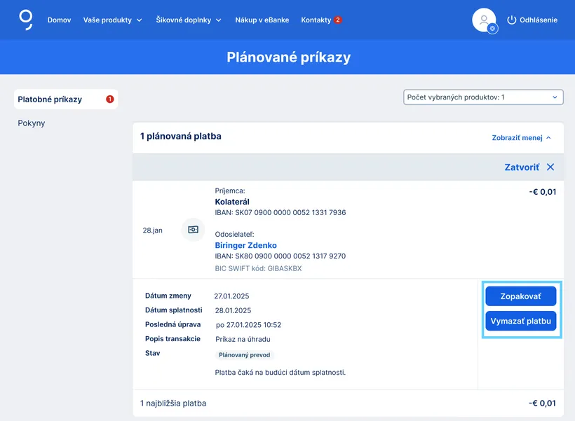 detail čakajúcej platby