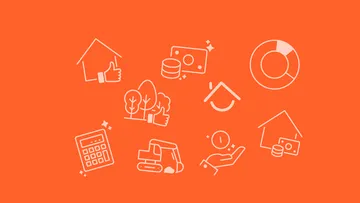 Illustration mit weißen Symbolen zu Finanzieren und Sparen und Wohnen auf orangem Hintergrund – darunter Haus, Geldscheine, Baugeräte, Diagramme und weitere Icons. Die Illustration symbolisiert die Übersicht unserer Online-Rechner.