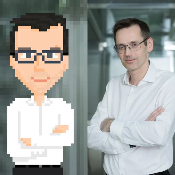 Oliver Kröpfl, Vorstandsmitglied Steiermärkische Sparkasse, als verpixeltes 8Bit-Abbild, bereit die nächste Ära willkommen zu heißen