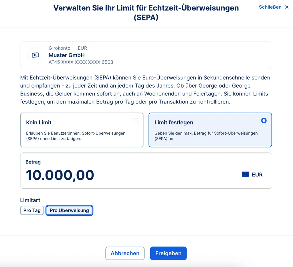 Limitarten und Limit Festlegen - Echtzeit-Überweisung SEPA 