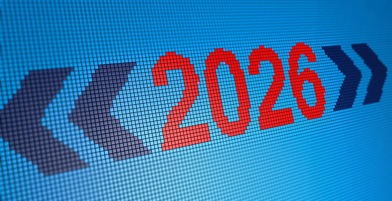 Symbolgrafik mit der Jahreszahl 2026 auf einem Screen