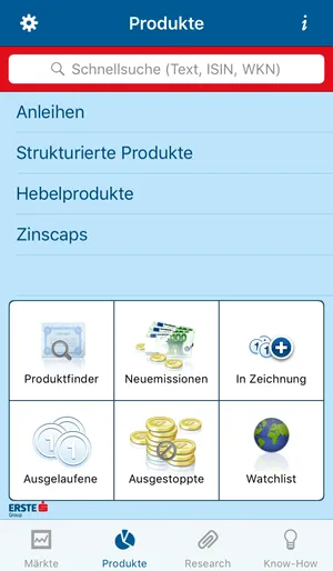 Menüpunkt Produkte in der Erste Investment-App