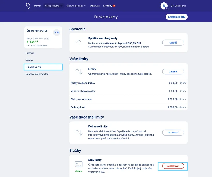 zablokovanie karty web