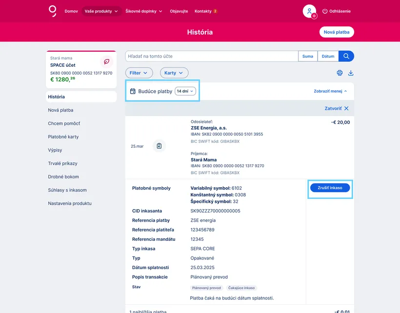 zrušenie čakajúceho inkasa web
