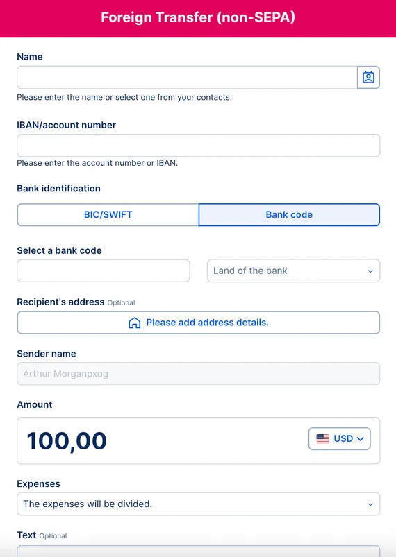Non-SEPA transfer form web