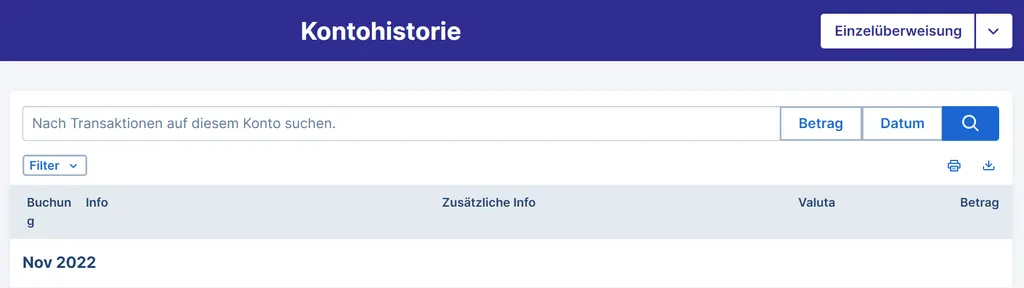 Druck- und Export-Optionen über der Kontohistorie