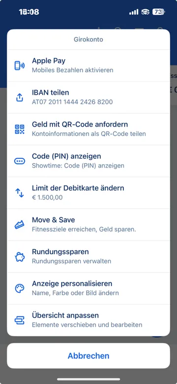 Move & Save: Zugang über das Girokonto-Menü