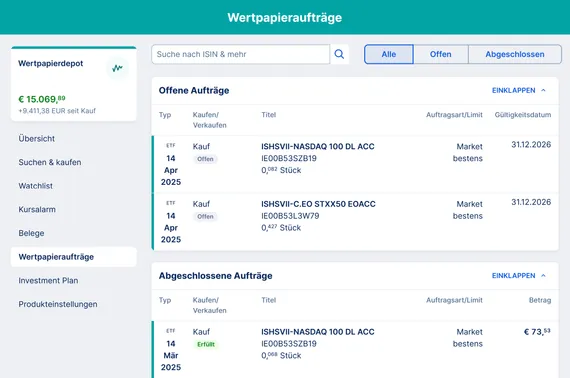 Wertpapieraufträge im Webbrowser