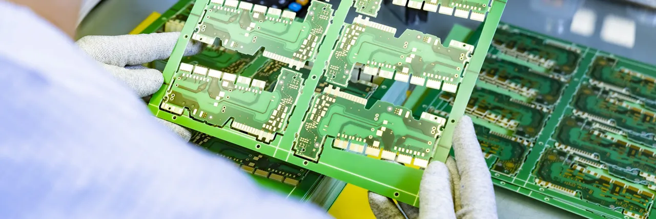 Leiterplatten-Produktion - ein Mensch mit Handschuhen hält eine Leiterplatte in der Hand