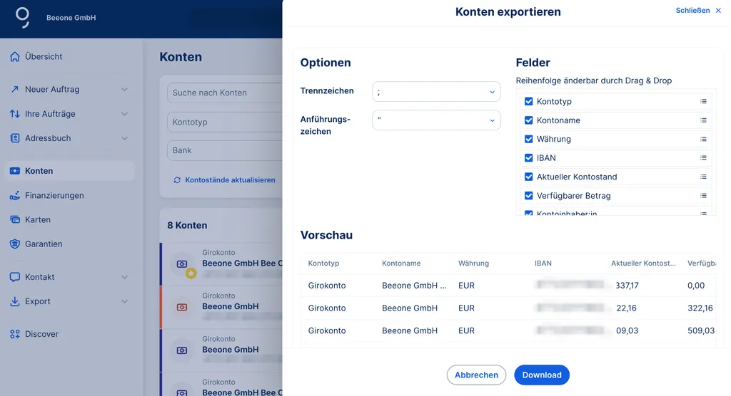 Das Exportfile zum Download Ihrer Kontohistorie