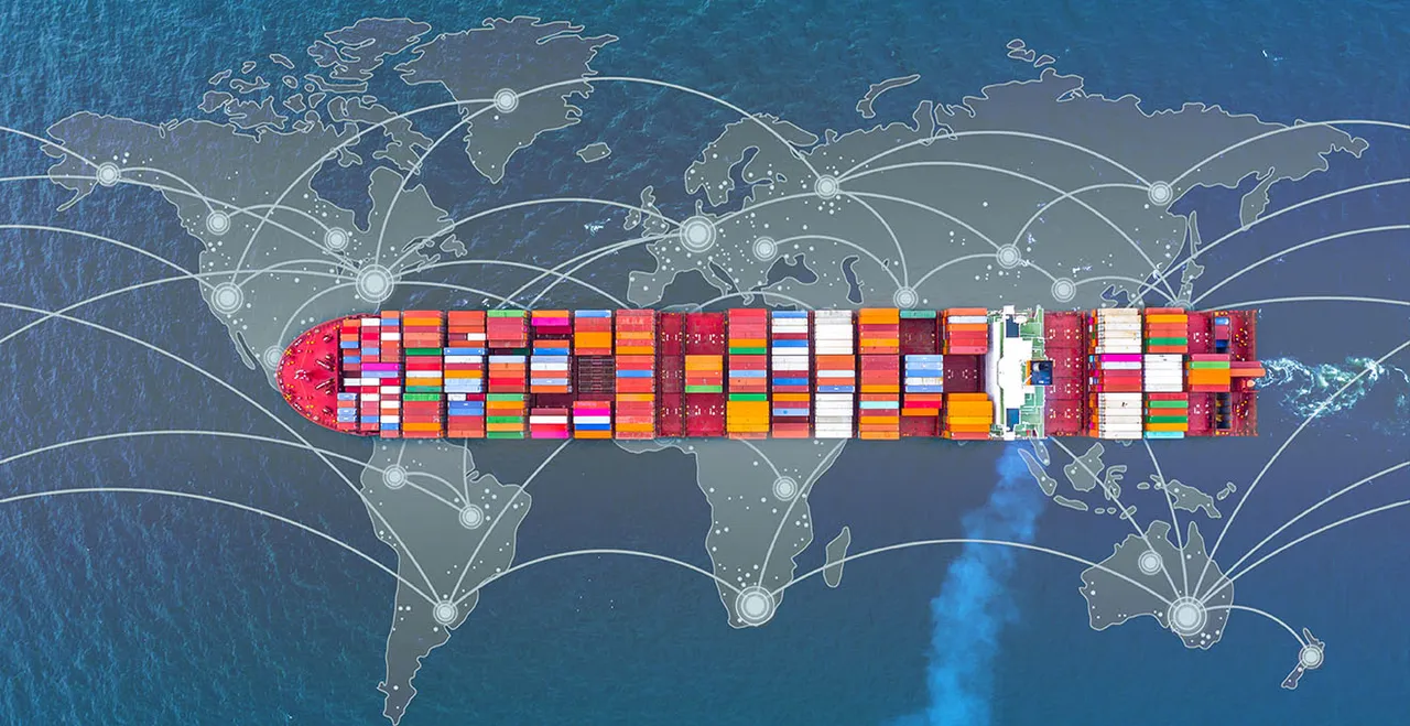 Symbolgrafik Containerschiff und Weltkarte