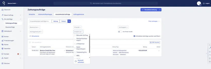 Neue Fileter bei Zahlungsaufträgen