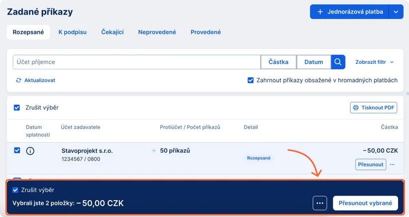 Hromadné akce pro rozepsané příkazy