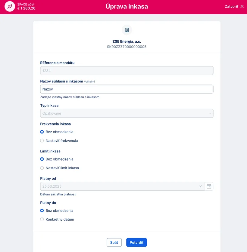 údaje na úpravu príkazu