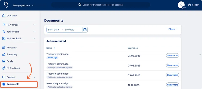 Treasury documents access in documents in left menu