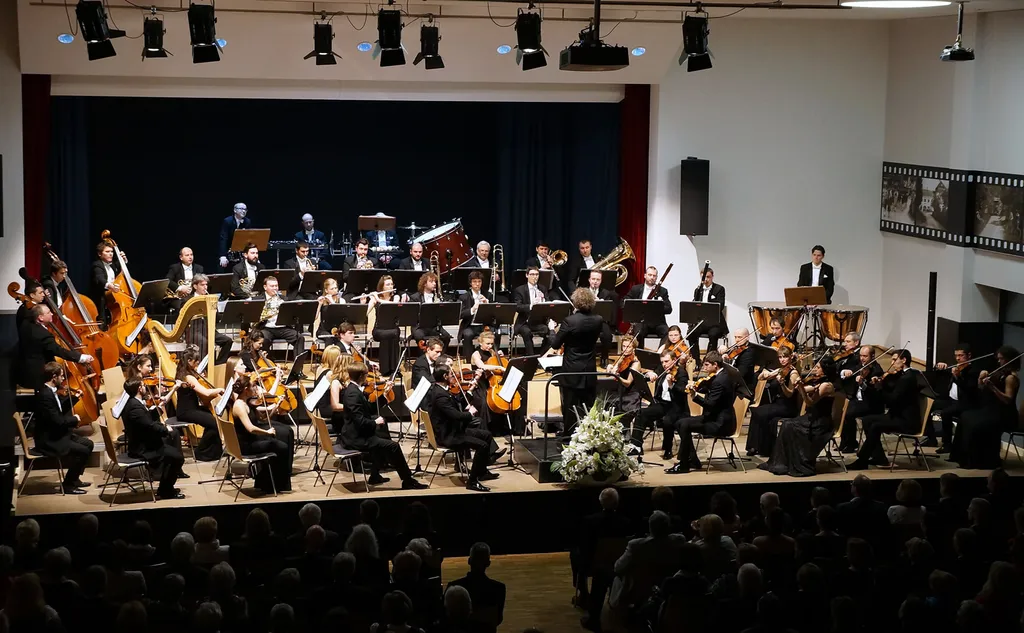 viele Musiker mit Geige, Cello und Klavier auf der Bühne
