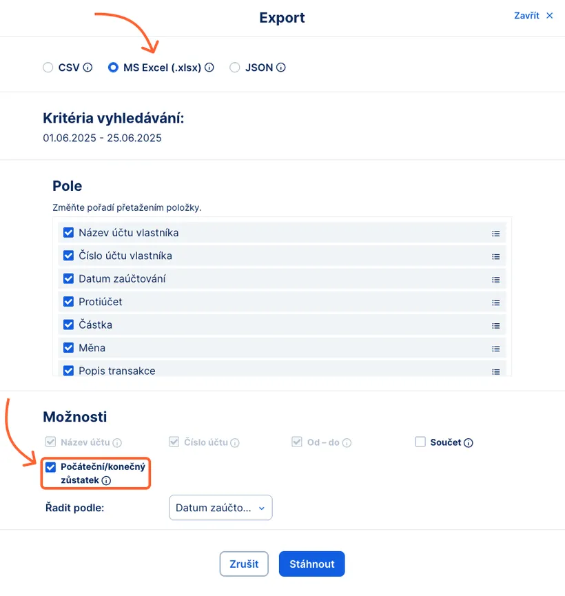 Export počátečního a konečného zůstatku do Excelu