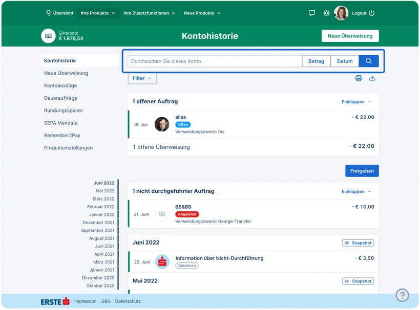 Suchleiste für die produktspezifische Transaktionssuche