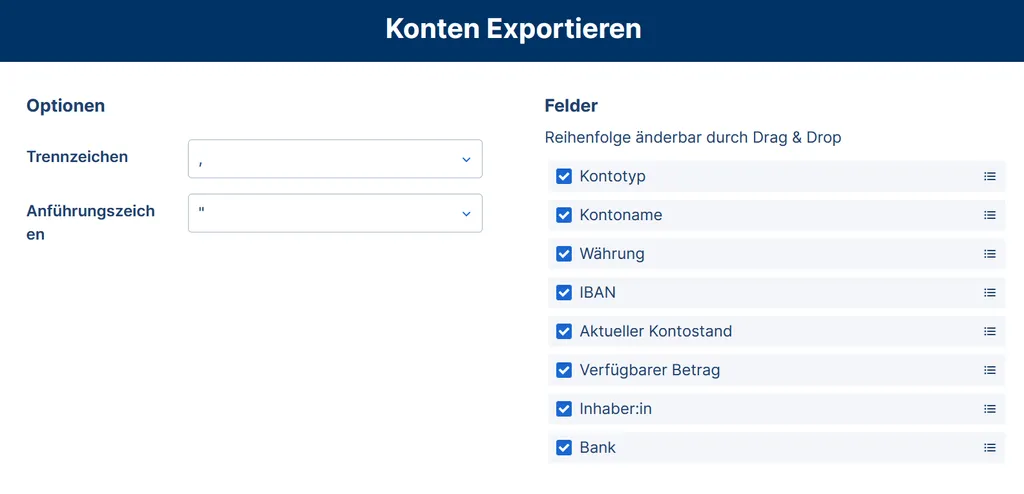 Das Exportfile zum Download Ihrer Kontohistorie