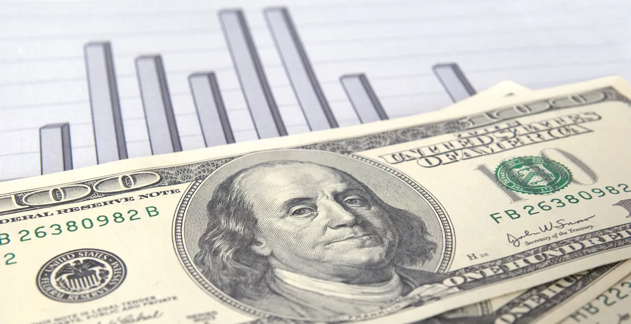 US-Dollar-Scheine und Säulen-Charts im Hintergrund