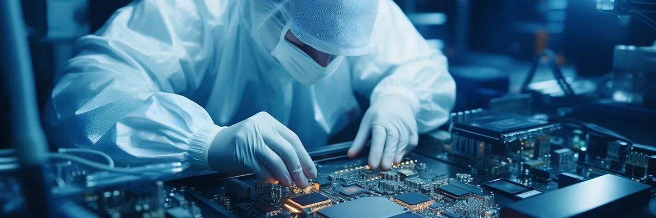 Illustration - Produktion von Halbleitern, Mensch mit Sicherheitsbekleidung