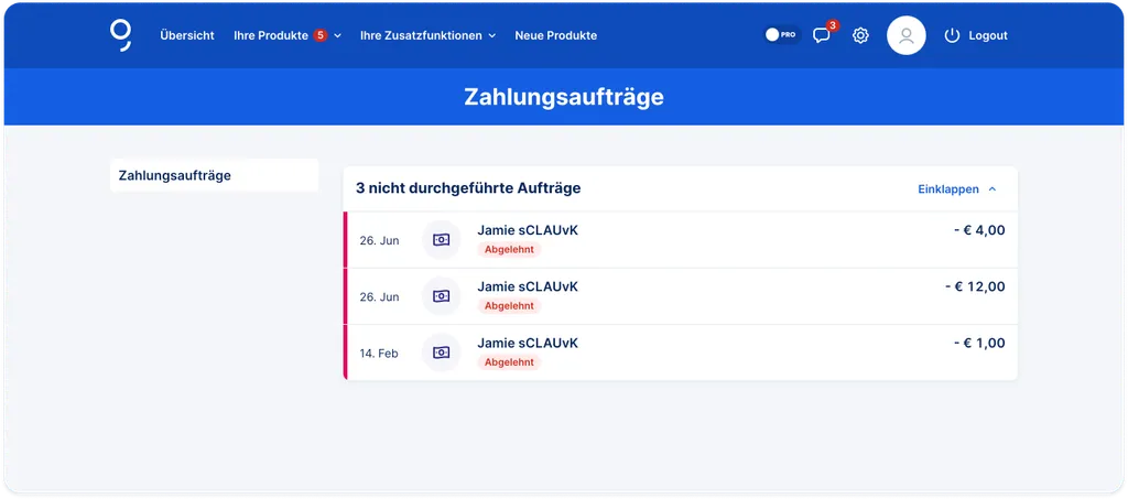Fehlgeschlagene Aufträge
