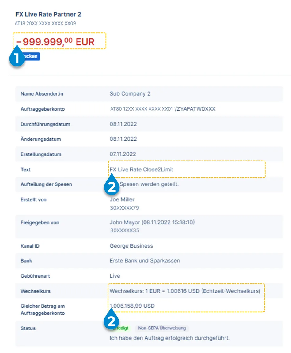 Detailierte Übersicht einer Auslandsüberweisung mit FX Live-Kurs