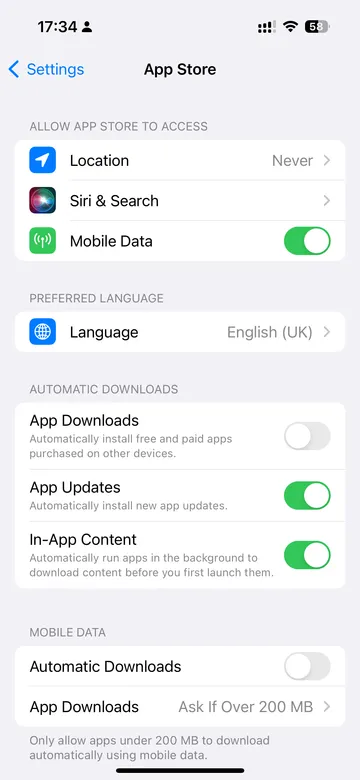 App store update settings